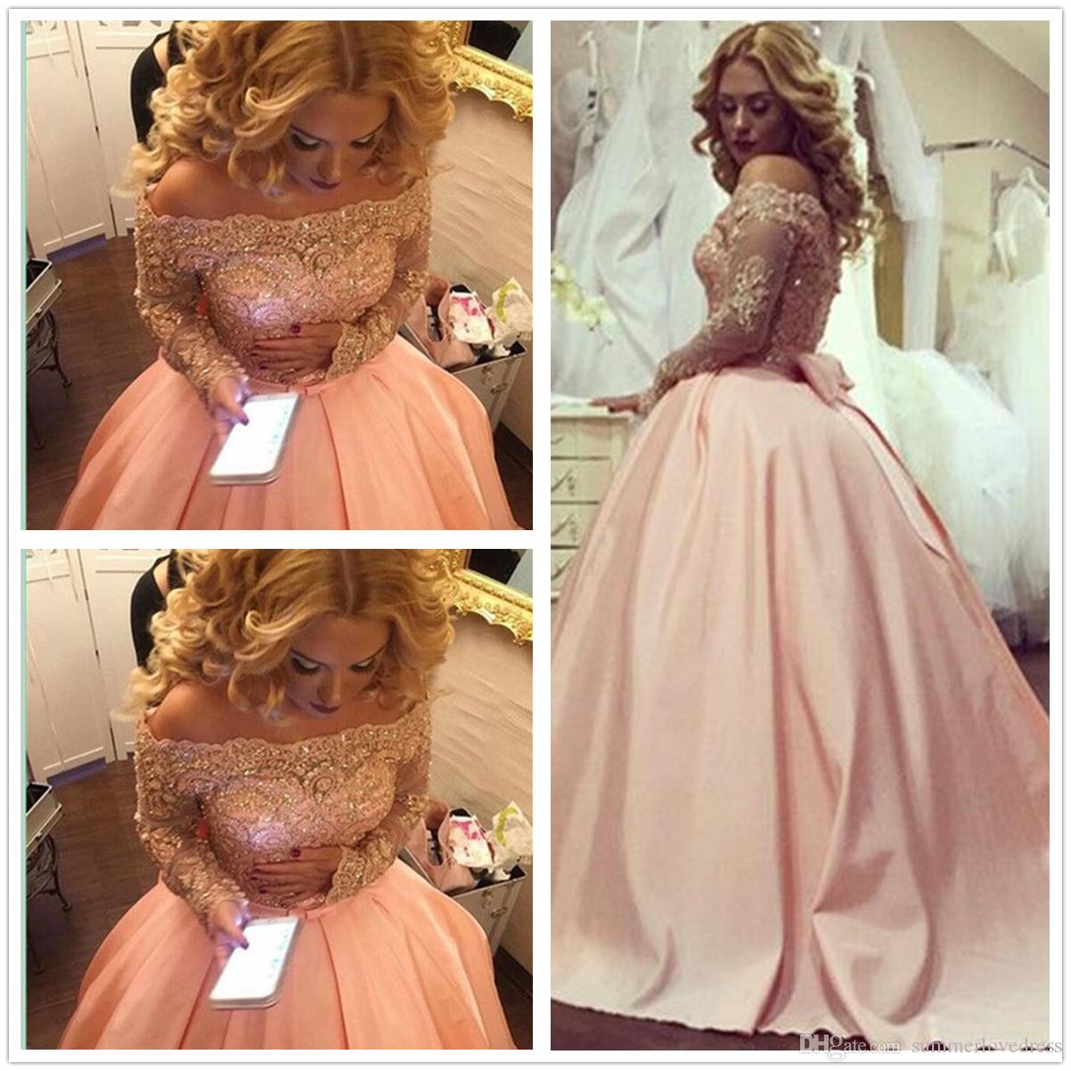 Saudi Arabic Dubai Style Long Sleeves Blush Pink Prom Dresses A Line Off the Shoulder Beaded Appliques Long Evening Party Gowns