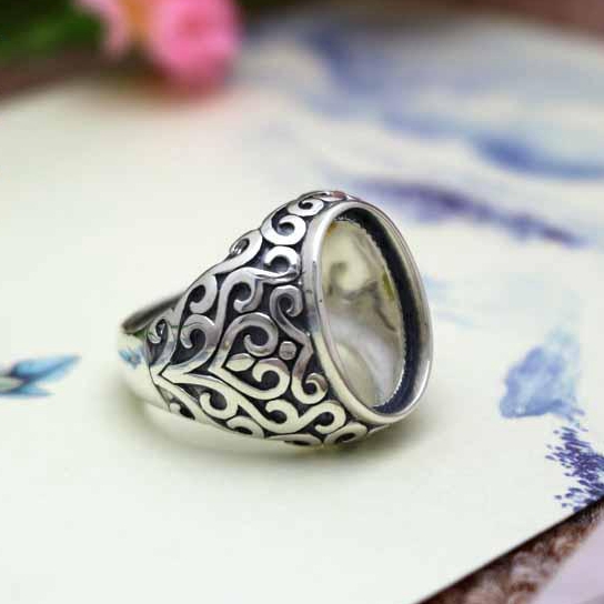 Sterling Silver 925 Wedding Men Ring Art Deco 13x18mm Oval Cabochon Semi Mount Fine Silver Ring Setting Art Deco