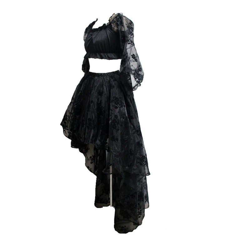 Lolita Lace Mesh Rose Floral Sleeves Crop Top with Floor Length High Low Asymmetrical Ruffler Multi Layer Mesh Floral Lace Hi-low Skirt