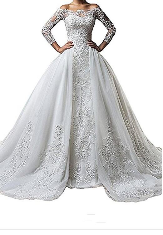 Vintage Bateau Neck Lace Long Sleeve Wedding Dresses With Detachable Skirt Plus Size Illusion 2019 Train vestido de noiva Bridal Gown Ball, Silver
Vintage Bateau Neck Lace Long Sleeve Wedding Dresses With Detachable Skirt Plus Size Illusion 2019 Train vestido de noiva Bridal Gown Ball, Silver