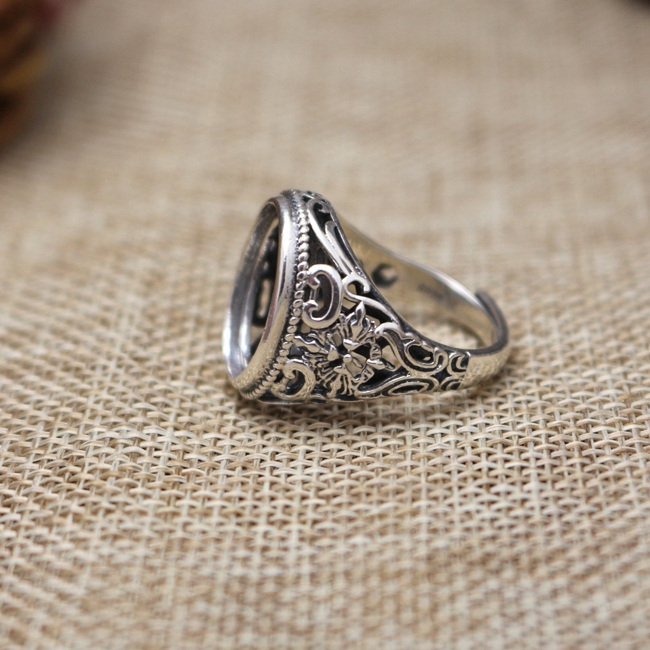 Art Nouveau 13x16mm Oval Cabochon Semi Mount Sterling Silver 925 Engagement Men Ring Retro Fine Silver Ring Setting Vintage