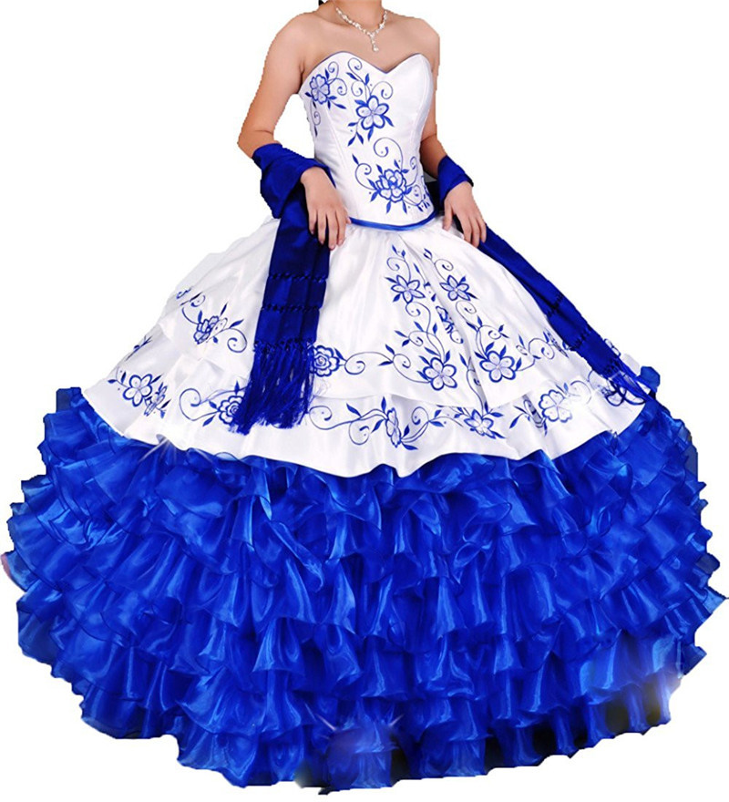 White Blue Embroidery Ball Gown Quinceanera Dresses with Lace Up Organza Plus Size Sweet 16 Dress Vestido Debutante Gowns BQ45