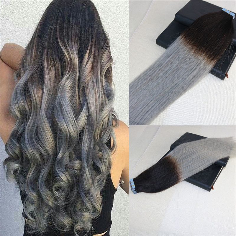 100% Unprocessed Tape in Human Hair Extensions Omber Sliver Grey Skin Weft Tape on Hair Extensions 8A Thick Ends Balayage Tape ins