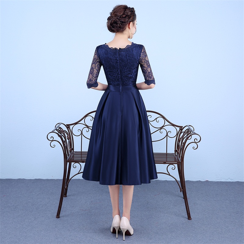 New Navy Blue Evening Dresses with Half Sleeve Elegant High Neck Satin Bride Gown 2017 Ball Prom Party Homecoming/Graduation Formal Dress