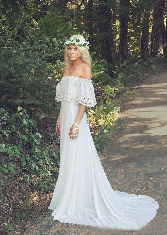 Hot Sale 2019 Bohemian Wedding Dresses Cheap Off The Shoulder Neckline A-line Court Train White Chiffon Boho Bridal Gowns Custom Made EN6121