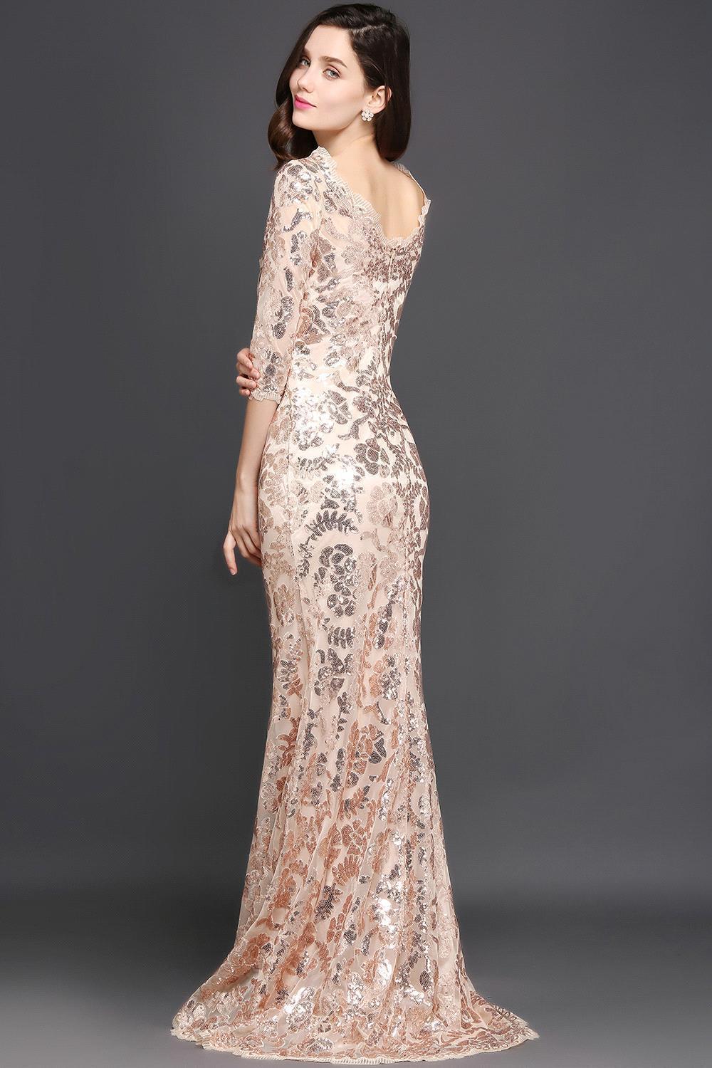 Cheap Rose Gold Mermaid Evening Dresses with Half Sleeves Sequin Long Prom Dresses Elegant Formal Evening Gowns Robe de Soiree BA0528