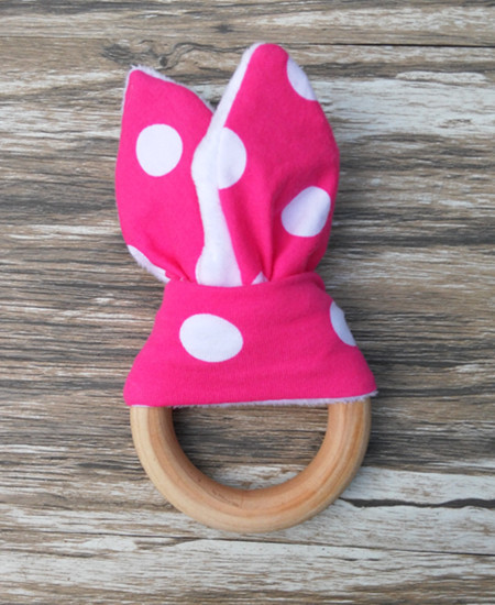 10pcs Baby Teethers 28 Colors Natural Wood Circle With Rabbit Ear minky dots Fabric Newborn Teeth Practice Toys Training Handmade Ring YE003