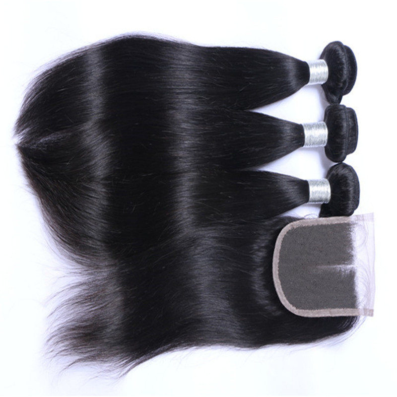 Brazilian Straight Human Hair Weaves Extensions 3 Bundles with Closure Free Middle 3 Part Double Weft Dyeable Bleachable 100g/pc