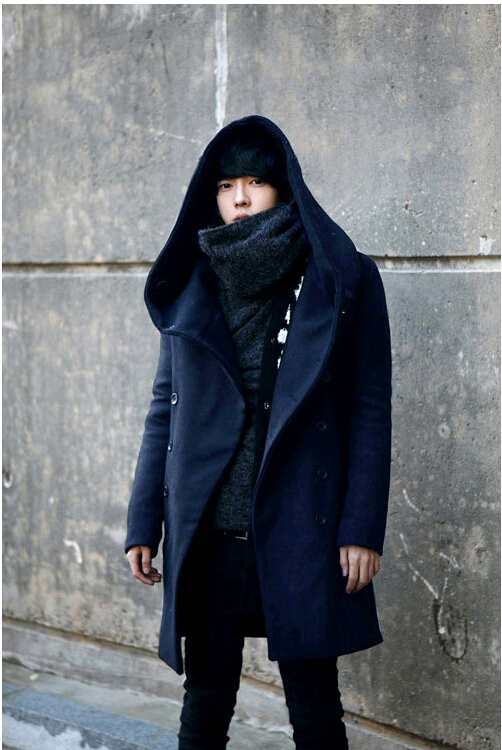 Wholesale- Men Overcoat,Grey Black Navy Blue 2016 Fashion Cheap Mens Pea Coat With Hood Double Breasted Long Wool Trench Coat