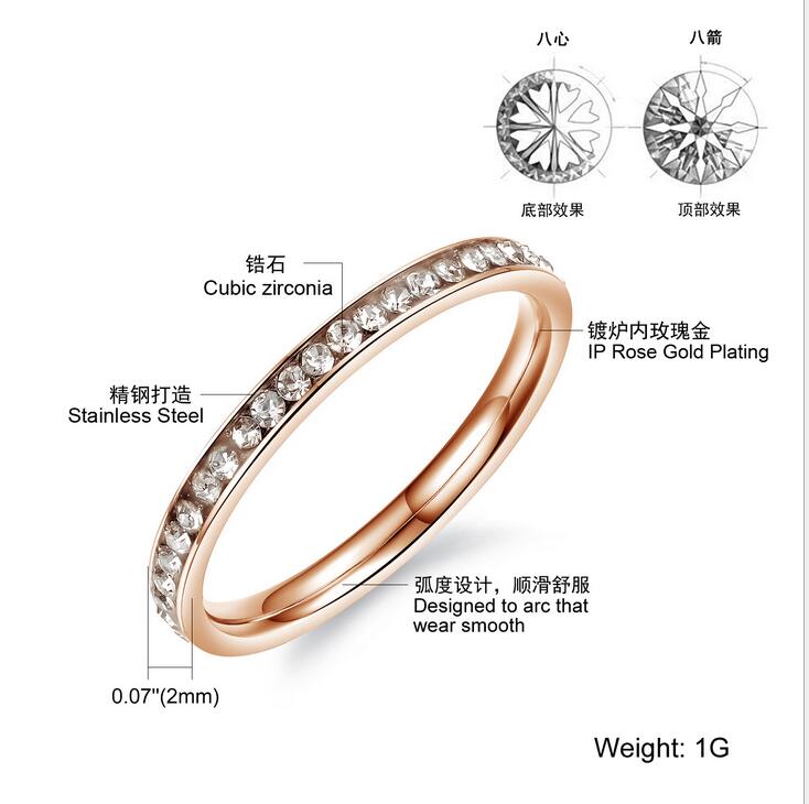 Wholesale High Quality Fashion Jewelry 18K Rose Gold Plated Stainless Steel 5A Cubic Zirconia CZ Diamond Women Wedding Band Ring Gift Sz4-7