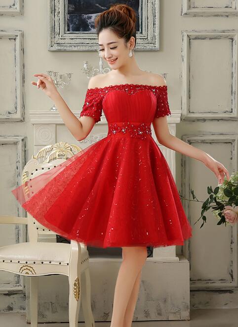 New Red Evening Dresses with Short Sleeve Elegant Girls Women Bride Gown Fashion Off the Shoulder Ball Prom Party Graduation Formal Dress