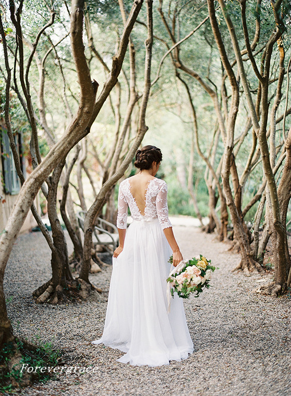 Boho Elegant Modest Beach Chiffon A-line Wedding Dress With 3/4 Sleeve Lace Applique Garden Long Bridal Gown Custom Made Plus Size