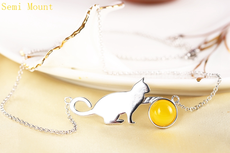 Fine Silver 925 Sterling Silver Pendant Necklace Charm Popular Fine Jewelry 9x9mm Round Cabochon Amber Agate Opal Setting