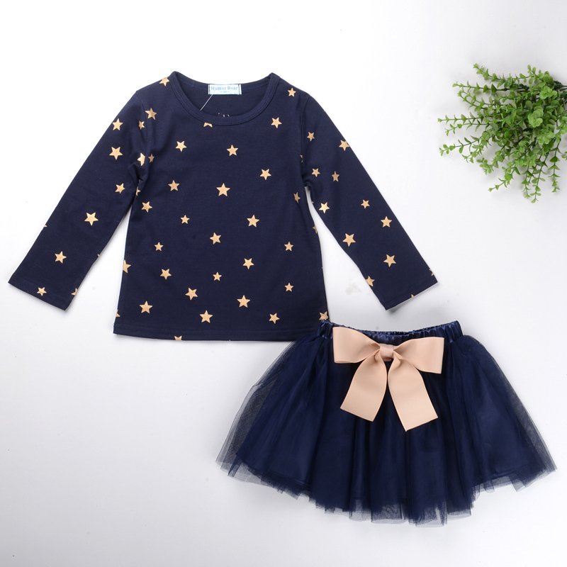 Wholesale- Children Girls designed long sleeve clothes set 2 pcs Star pattern cotton hoodies sweaters + Pettskirt skirt suit