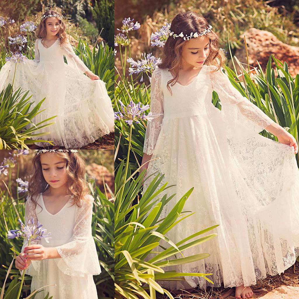 Vintage Flower Girl Dresses Long Sleeves Modern Cheap Full Lace Pageant Gowns Age 14 A Line White Girls Dress, Ivory
Vintage Flower Girl Dresses Long Sleeves Modern Cheap Full Lace Pageant Gowns Age 14 A Line White Girls Dress, Ivory