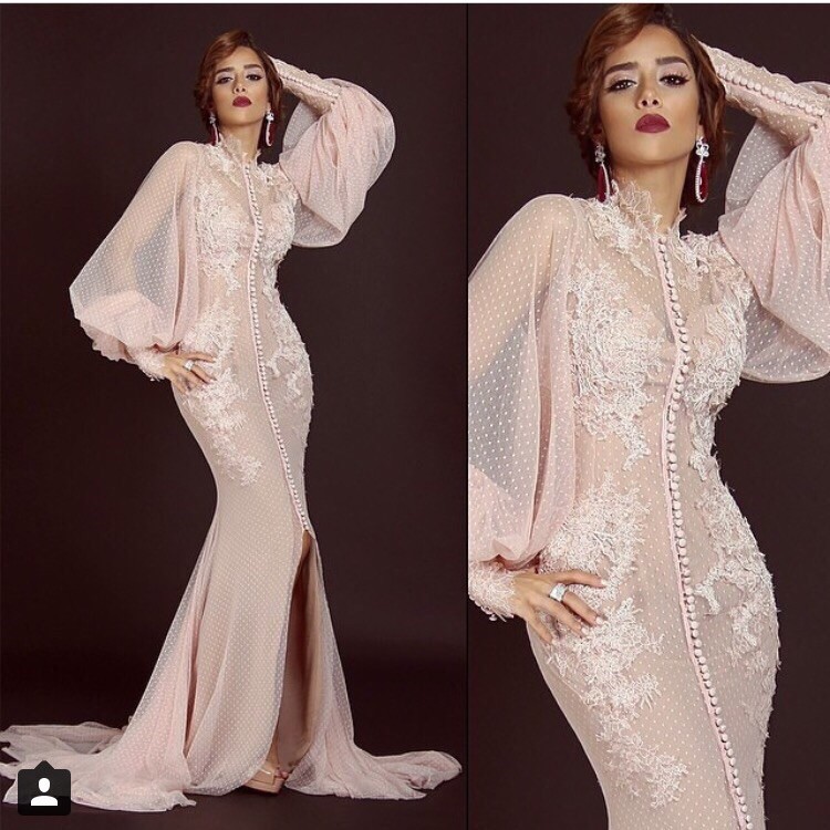 High Neck Long Sleeve Blush Pink Polka Dot Tulle Mermaid Evening Dress Saudi Arabia Long Formal Gown with Lace Appliques, Brown
High Neck Long Sleeve Blush Pink Polka Dot Tulle Mermaid Evening Dress Saudi Arabia Long Formal Gown with Lace Appliques, Brown