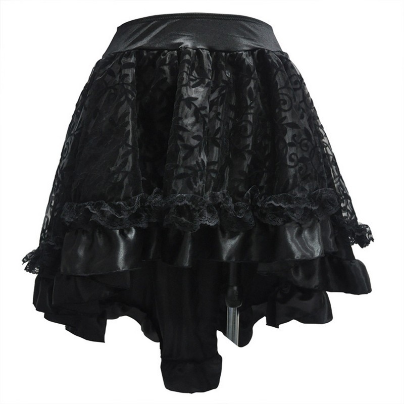 Women Retro Ruffle Skirts Lolita Floral Flock Lace Overlay and Voluminous Layered Hi-lo Mini Skirt Plus Size Party Corset Costume Steampunk Gothic Ski