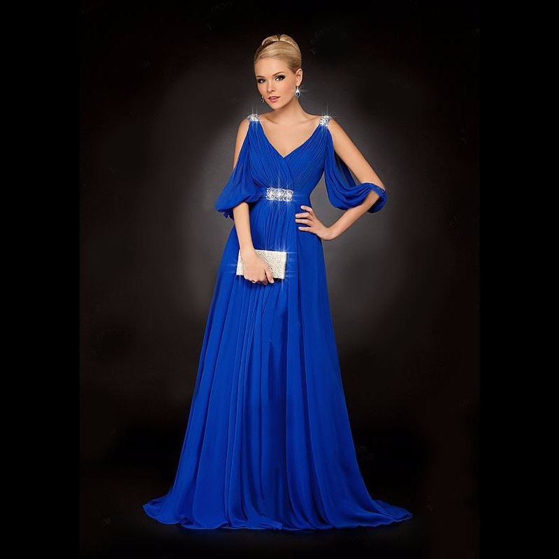 Royal Blue Chiffon V Neck Beaded Pleated Long Beaded Elegant Party Sexy Evening Dresses For Womens Vestido De Festa Longo Formal Gowns