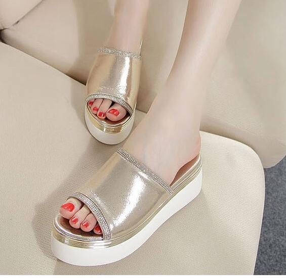 Fashion Women Slippers Split Leather Sandals 2017 Summer Open Toe Thick Soled Female Outside Women Wedges Slippers Platform Shoes.