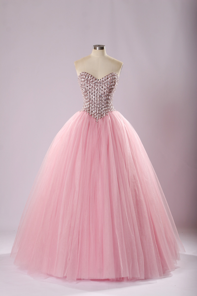 2019 Sexy Pink Sweetheart Ball Gown Beaded Quinceanera Dresses With Tulle Lace Up Floor Length Prom Party Gown Sweet 16 Dress BM88