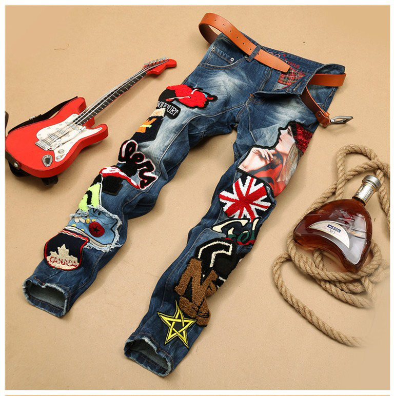Wholesale- europen American style Men's fashion brand cotton Patchwork men denim trousers colorful jeans luxury Slim Straight jeans men, As pic
Wholesale- europen American style Men's fashion brand cotton Patchwork men denim trousers colorful jeans luxury Slim Straight jeans men, As pic
