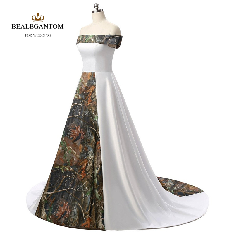elegant strapless white and camouflage wedding dresses long satin camo wedding party bridal gowns qc135