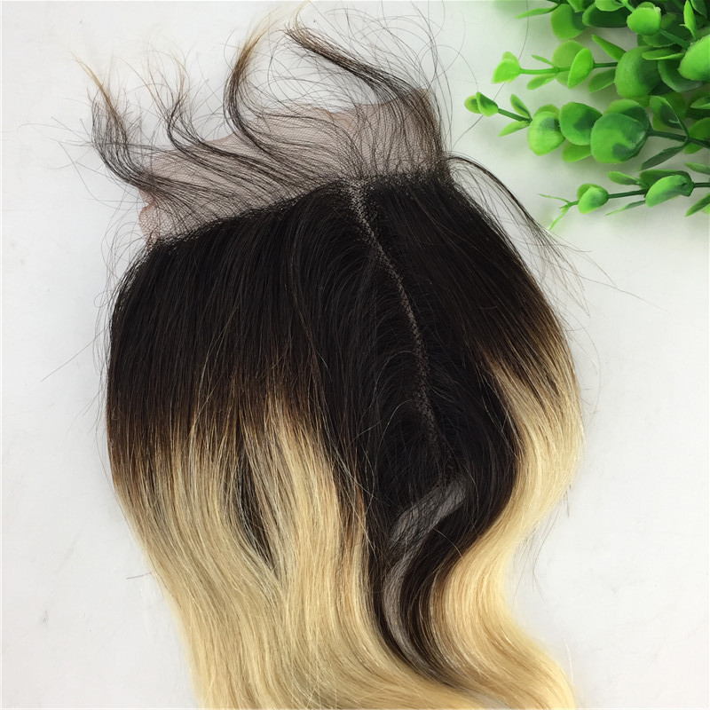 4x4 Lace Closure Ombre Blonde 1B 613 Two Tone Human Hair Brazilian Virgin Hair Straight Body Wave Bleached Knots Free Part Swiss Lace