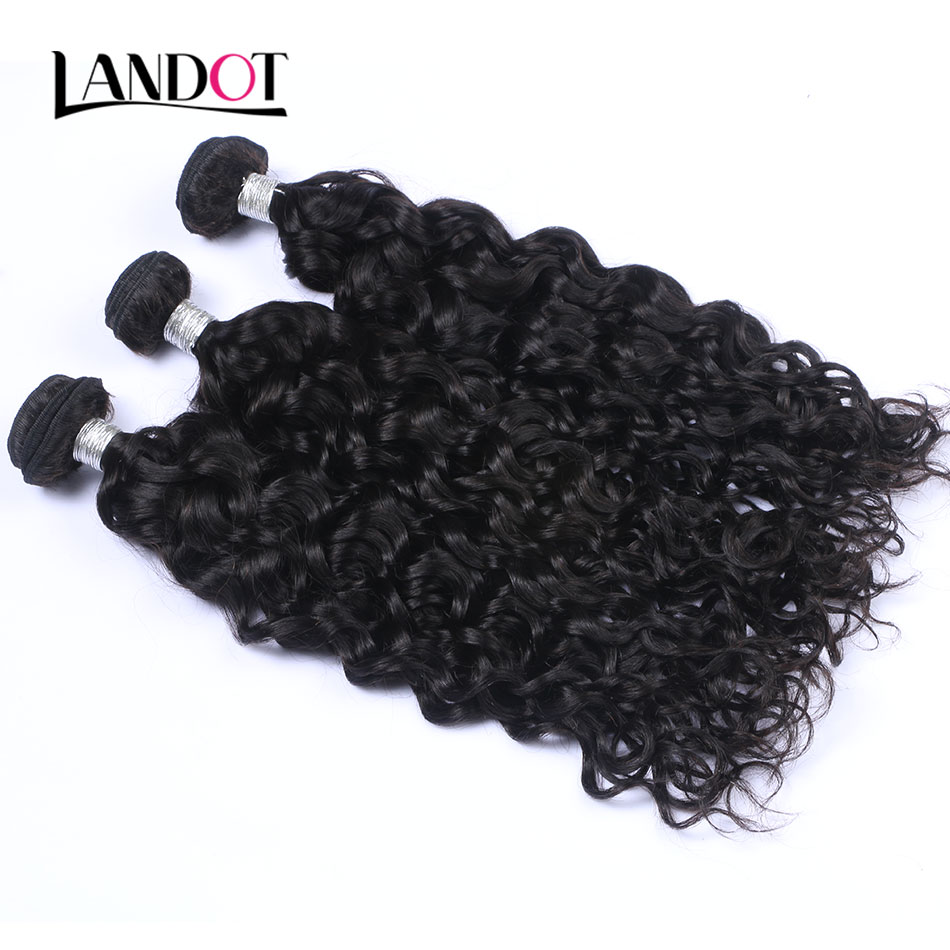 8A Brazilian Virgin Human Hair Weaves Bundles With Lace Closures Peruvian Indian Malaysian Cambodian Water Wave Wet And Wavy Natural Hair