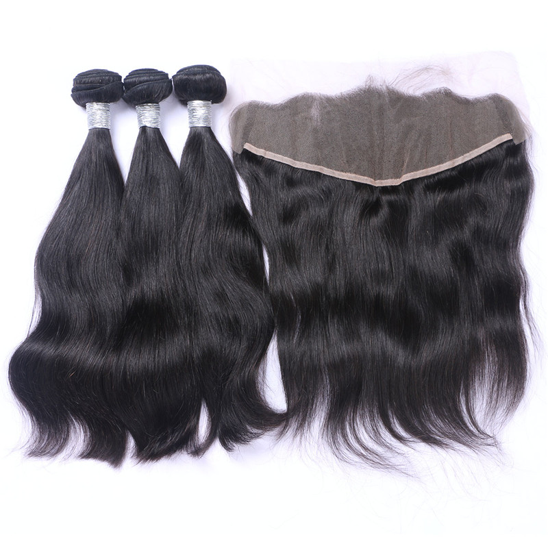 Brazilian Human Virgin Hair Lace Frontal With 3 Bundles 13X4 Ear To Ear Lace Frontal 1B Black Color Human Hair Weaves Closure