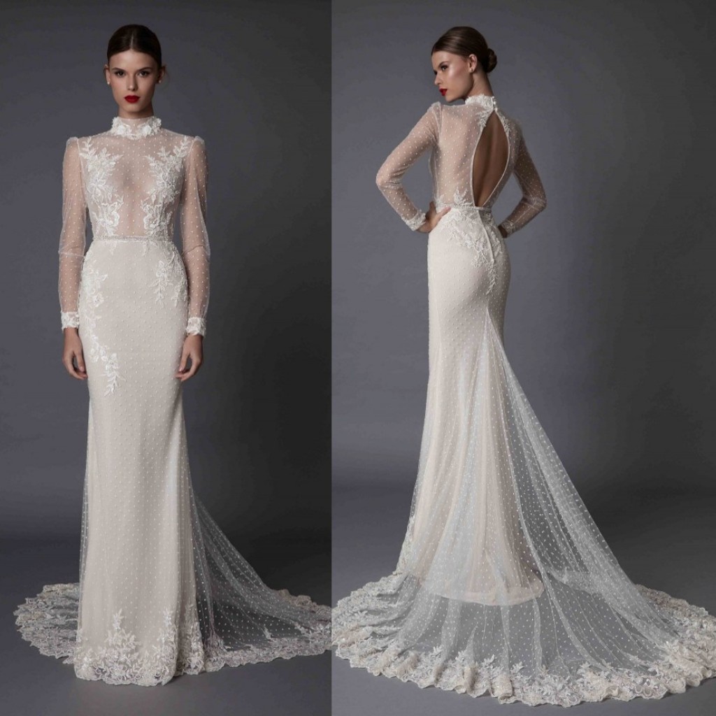 Long Berta Mermaid Sleeve Wedding Dresses Lace Applique High Neck Beads Hollow Back Sexy Illusion Fishtail Bridal Gowns