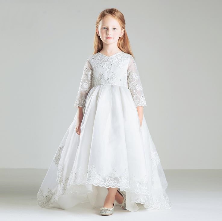High Low Lace Flower Girl Dresses 3/4 Long Sleeves Beaded First Communion Vintage Little Girls Pageant Dresses With Bow Children