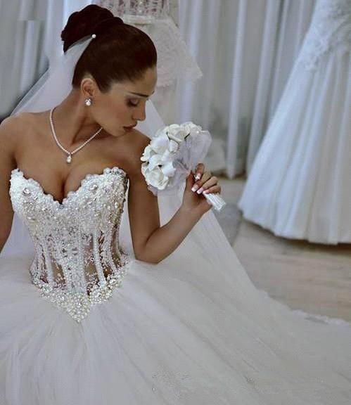 Sheer Ball Dresses Sweetheart Pearls Beaded Dress Tiered Tulle Wedding Gowns Lace Applique Bridal Gown Vestidos De Novia 0510