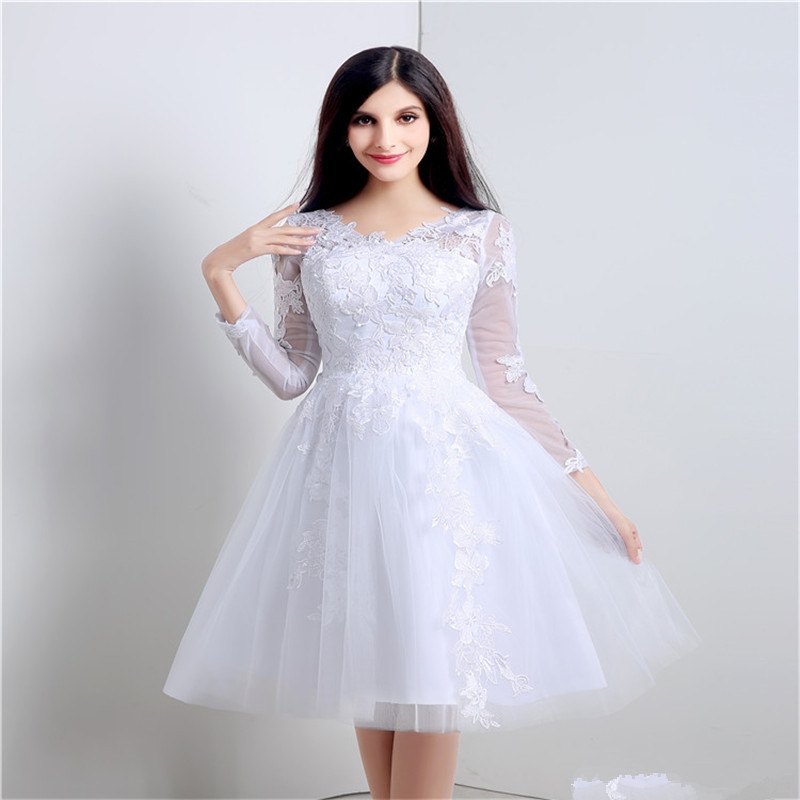 2017 Sexy Long Sleeve V-Neck Lace A-Line Wedding Dresses With Appliques Button Tulle Knee-Length Plus Size Wedding Party Bridal Gowns BW01