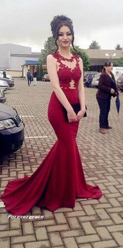 Cheap Sexy Mermaid Red Appliques Long Prom Dress High Quality Fashion Formal Evening Party Gown Custom Made Plus Size