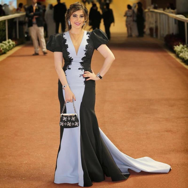 Elegant Mermaid Evening Dresses Black Appliqued Puff Sleeves Cocktail Party Gowns Real Image Custom Made Formal Prom Dresses