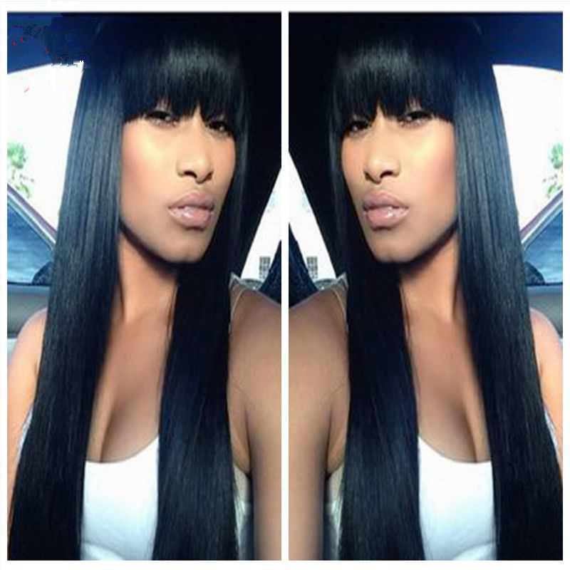 Free shipping African American Synthetic With Bangs Straight Wigs For Black Women Female Glueless Front Lace Wig