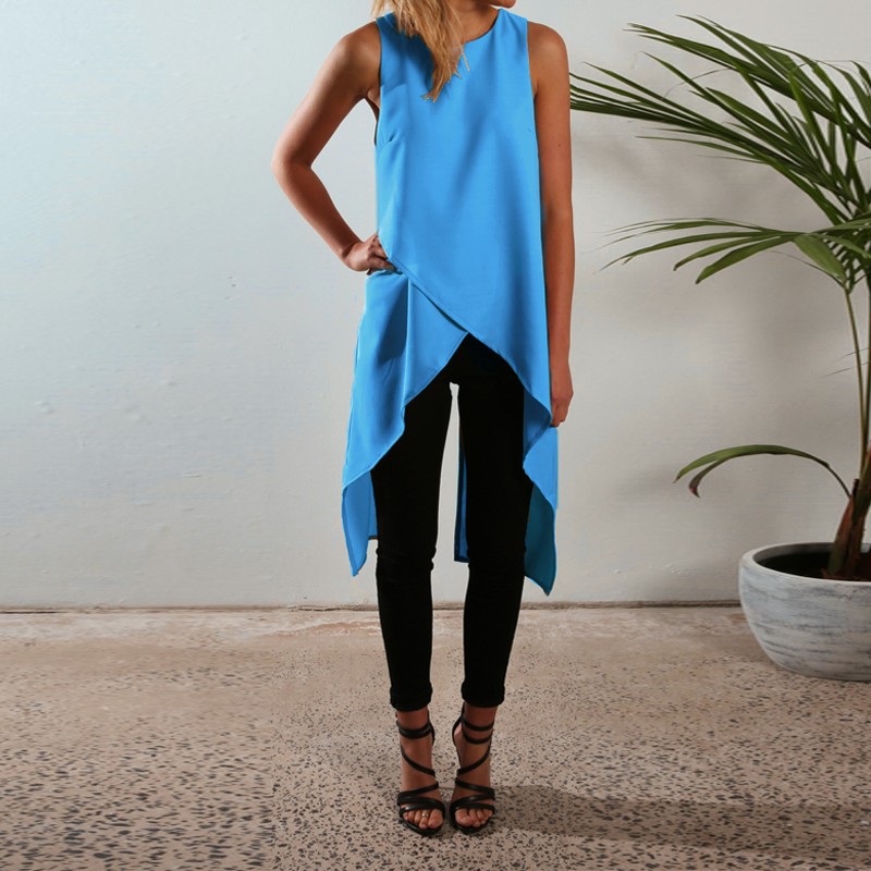 Plus Size Fashion Summer 2017 Women Sleeveless Asymmetric Hem O Neck Long Top Solid Chiffon Style Blouses Blusas Feminin