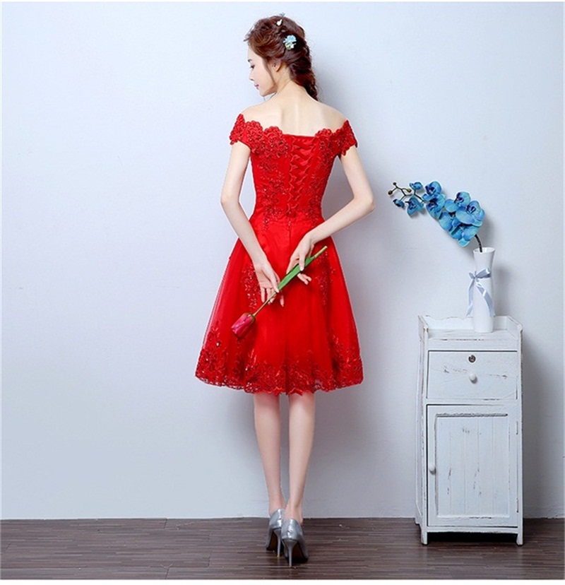 Princess Red Evening Dresses Elegant Off the Shoulder Bride Gown with Appliques Short Ball Prom Party Homecoming/Graduation Formal Dress