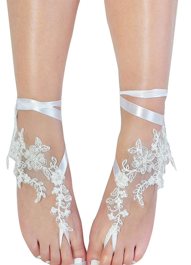 Gorgeous Ribbon Beach Wedding Shoes Delicate Beads Open Toe Ankle Strap Flat Bridal Shoe For Summer