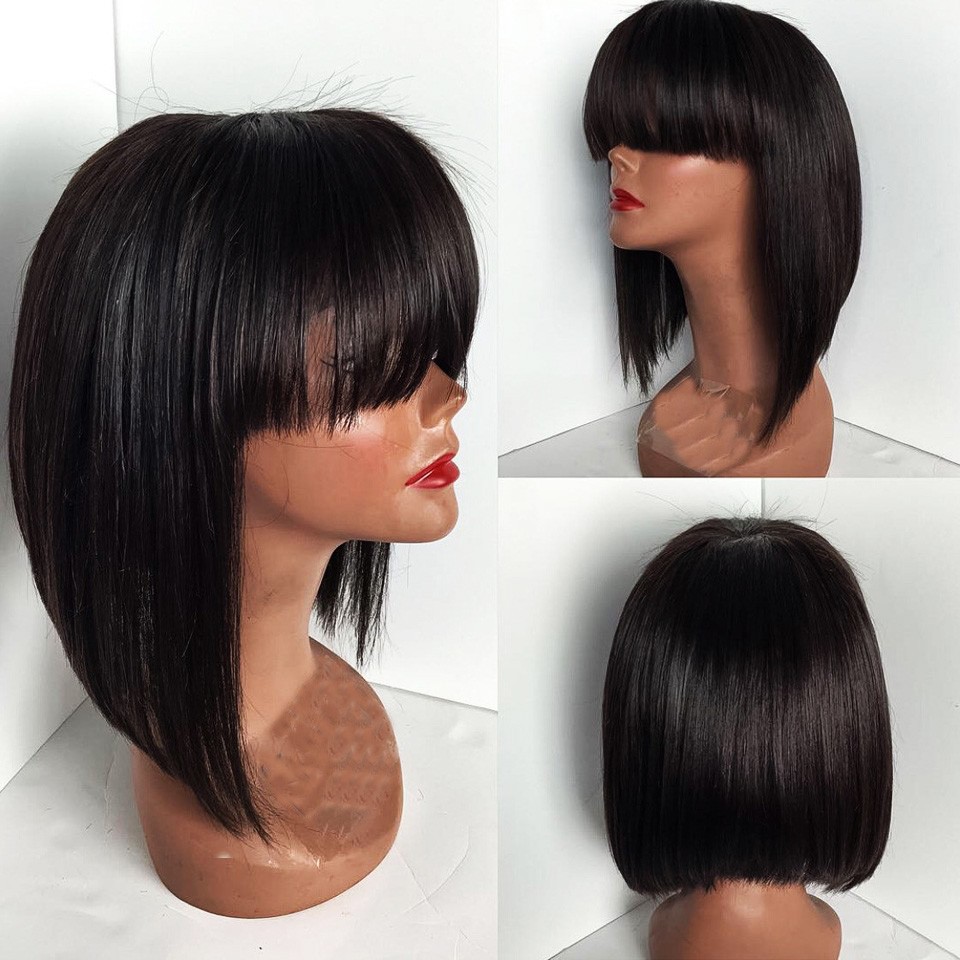 New bob cut wigs short lace front wigs with bangs glueless lace front wig human hair bob wig with baby hair for african american black women
