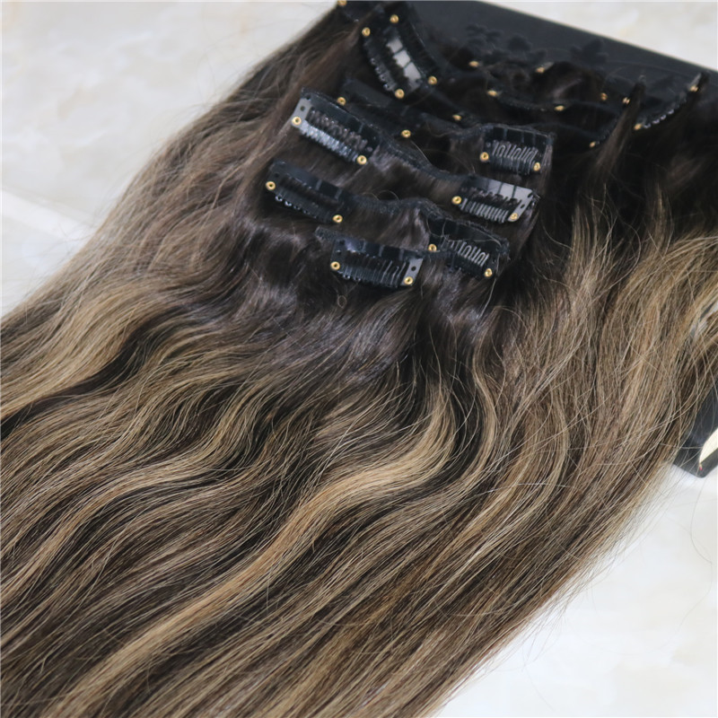 8A 7pcs 120gram Clip In Human Hair Extensions Brunette Balayage Straight Brazilian Remy Human Hair Weave Ombre Dark Brown Highlights