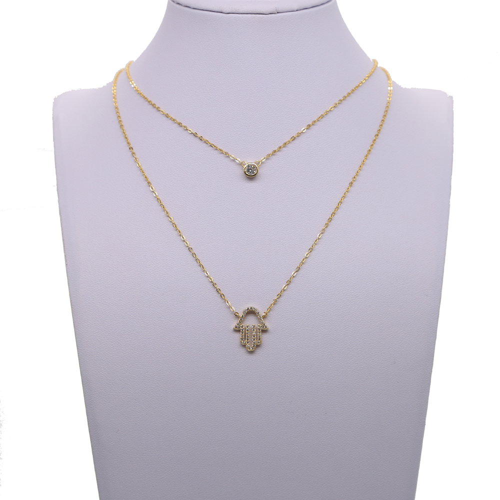 100% 925 sterling silver factory wholesale double layer women chain choker bezel cz diamond micro pave hamsa hand silver necklace