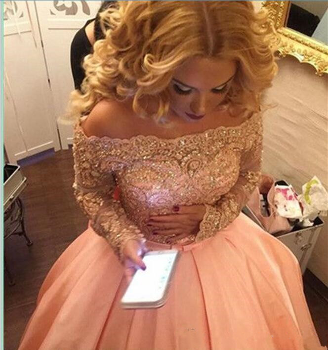 Saudi Arabic Dubai Style Long Sleeves Blush Pink Prom Dresses A Line Off the Shoulder Beaded Appliques Long Evening Party Gowns