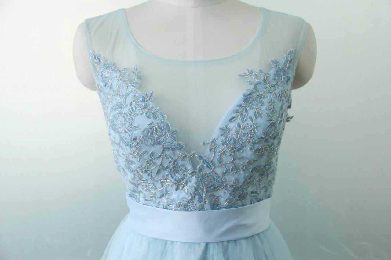 Blue 2023 Sexy Evening Dresses Plus Size Sheer Neck Applique A-line Long Tulle Prom Backless Formal Evening Gowns