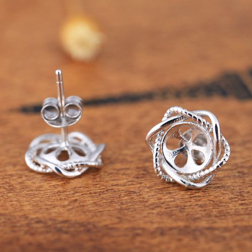 Art Nouveau Fine Silver 925 Sterling Silver Plated White Gold 6mm Pearl or Round Bead Semi Mount Women Stud Earrings Elegant Fine jewelry
