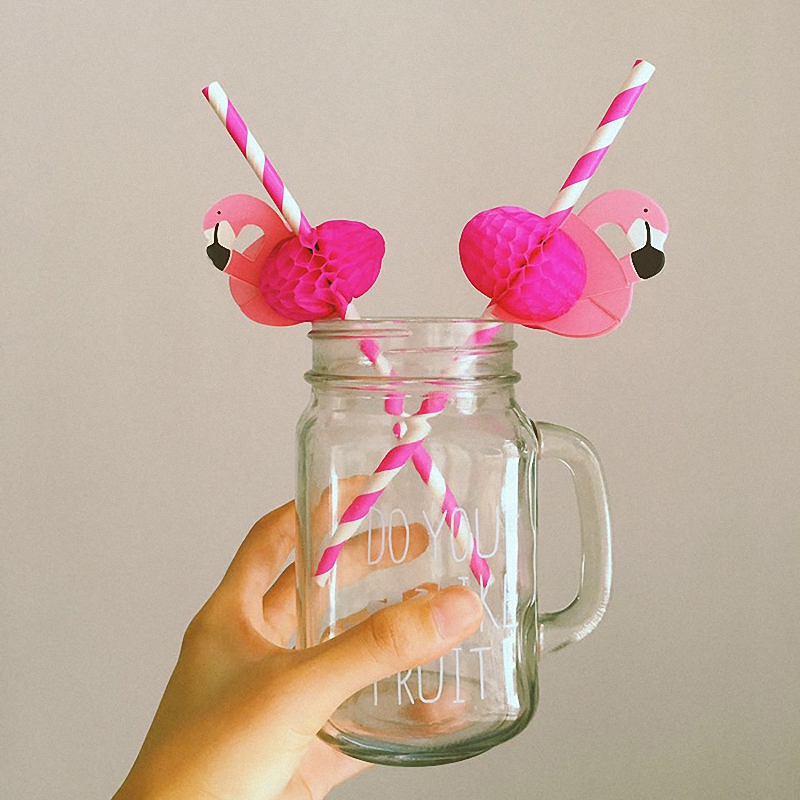Drinking Straw 50PCS/lots Cute Cartoon Hot Pink Honeycomb flamingos Colorful Stripe Paper Bird Stick For Weddings Party Decoration