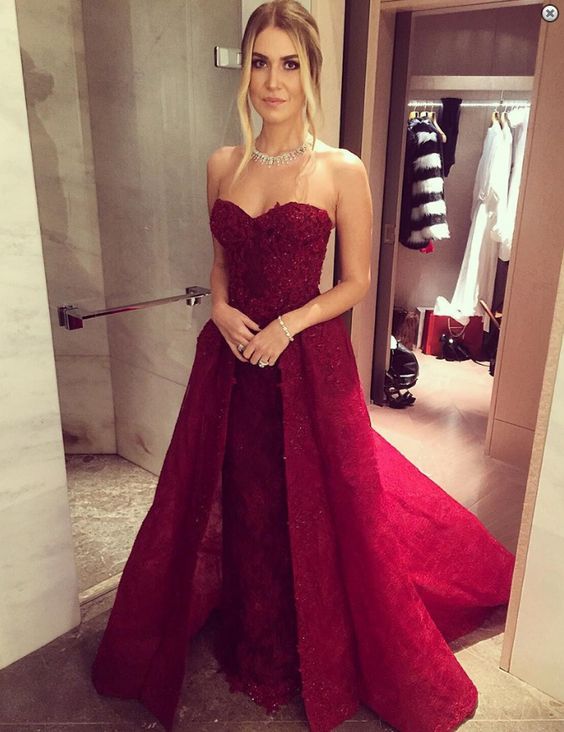 Modest 2017 Dark Red Lace Sweetheart Beaded Formal Dresses With Detachable Train Long Formal Evening Gowns Plus Size Custom Made EN82515