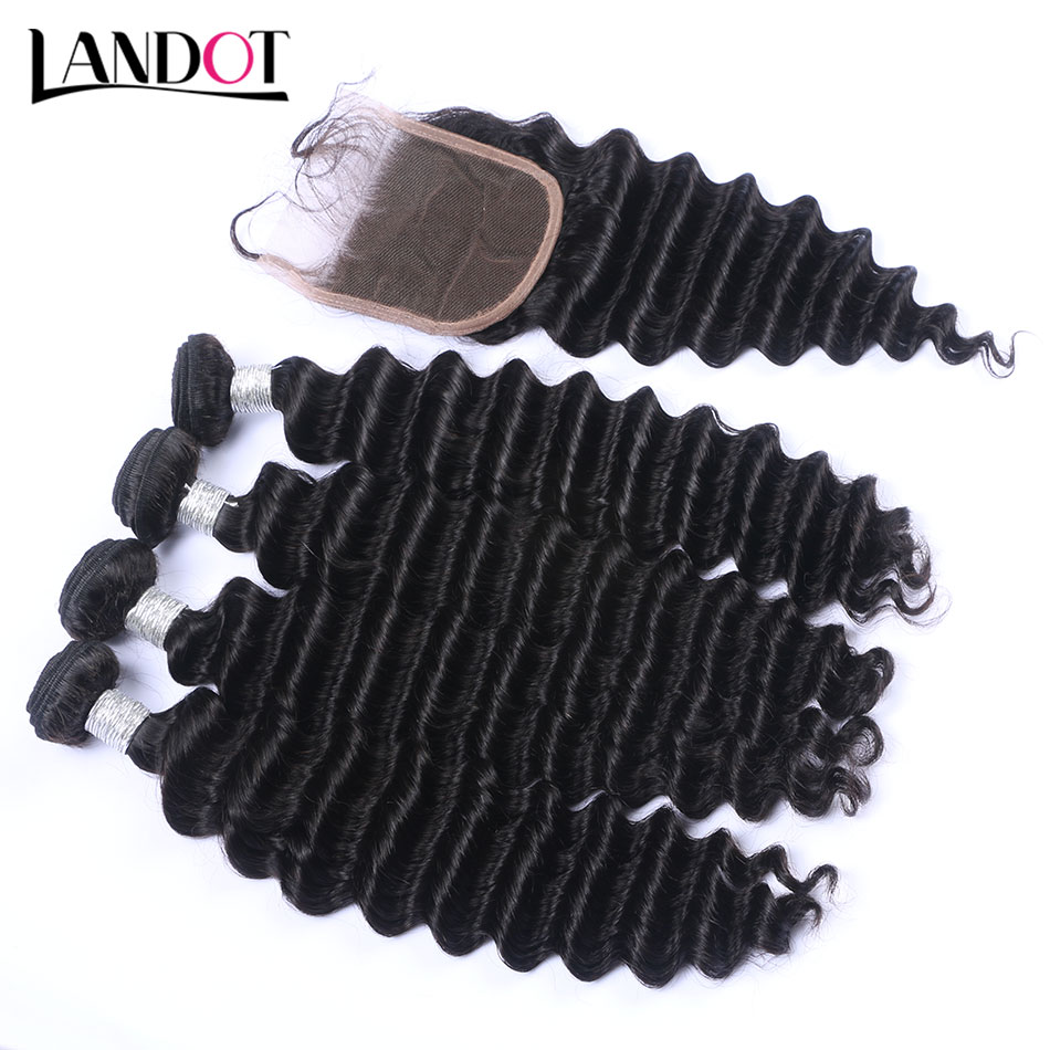 Brazilian Deep Wave Virgin Hair 4 Bundles with Lace Closures Peruvian Malaysian Indian Cambodian Deep Curly Human Hair Weaves Natural Black