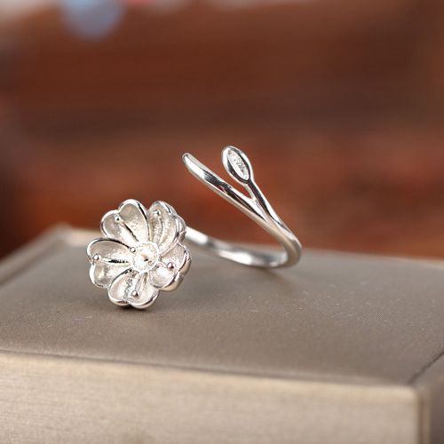 Real Sterling Silver 925 Plated White Gold Semi Mount Flower Women Ring for Pearl or Round Bead 6-8mm Fine Jewelry Setting Adjustable