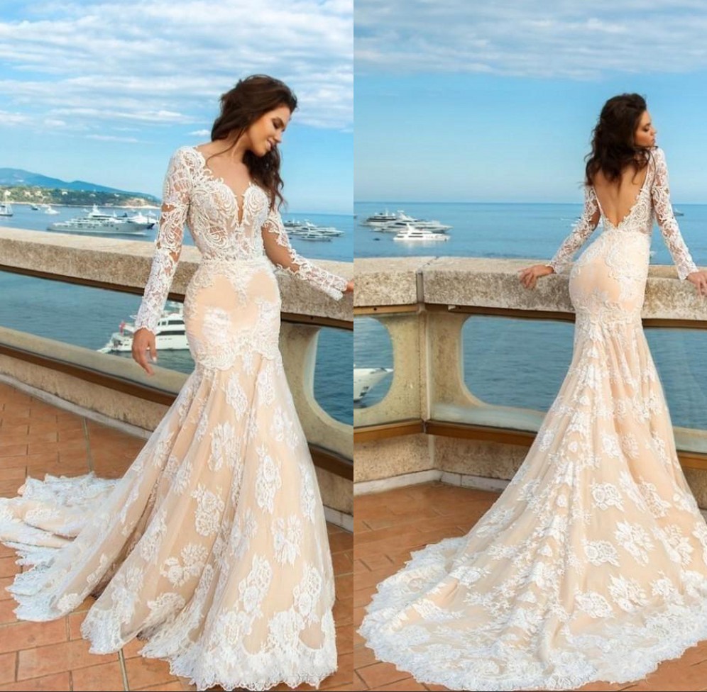 2019 Designer Champagne Mermaid Lace Wedding Dresses Long Sleeves Beach Boho Elegant Backless Fitted Sweetheart Bridal Gowns, White
2019 Designer Champagne Mermaid Lace Wedding Dresses Long Sleeves Beach Boho Elegant Backless Fitted Sweetheart Bridal Gowns, White